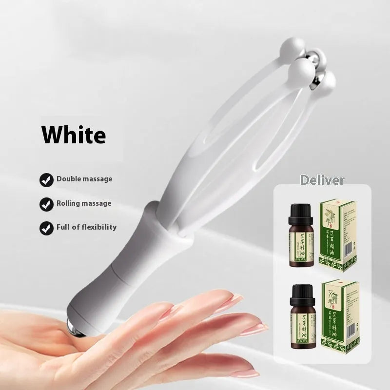 Blue and white PP plastic finger massager with visible electroplated steel balls for hand joint rolling therapy.