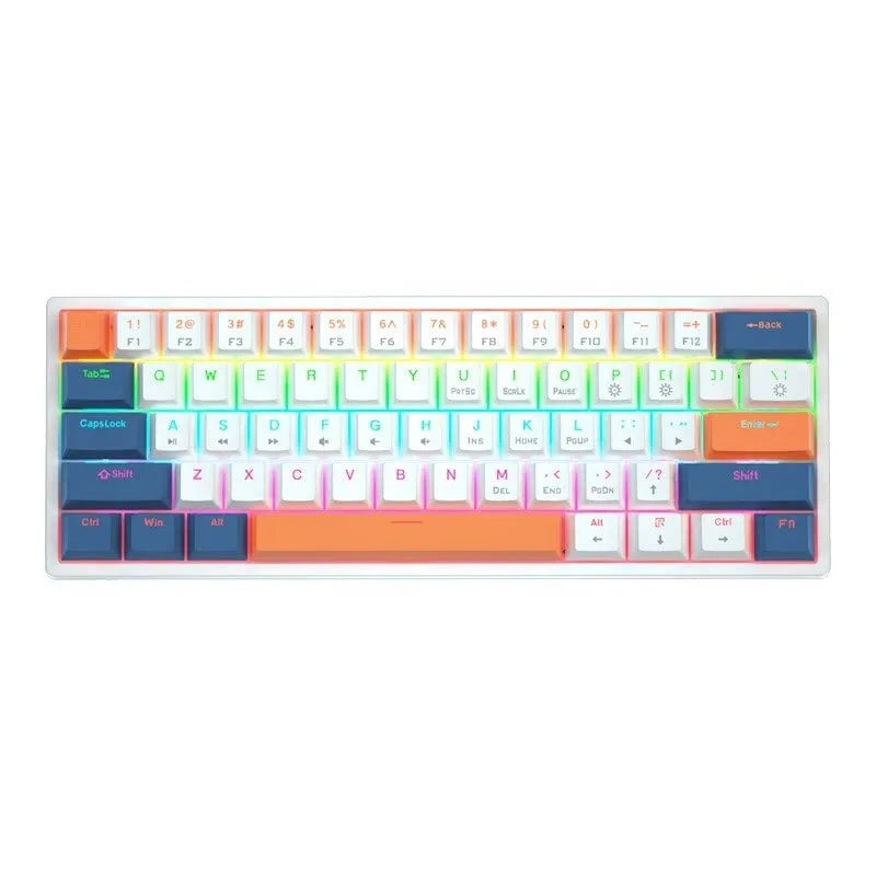Small 61-key wired mechanical keyboard with hot-swappable sockets in blue and white colour scheme