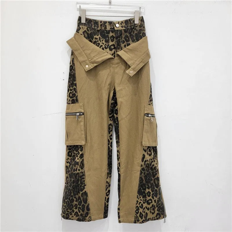 Women's dark khaki high waist jeans with a leopard print pattern and fake two-stitching tooling detail.