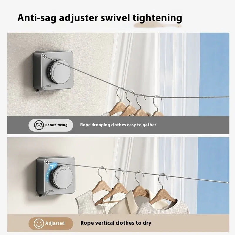Gun grey retractable wall mounted clothesline extended to 4.8m with clothes hanging, ABS stainless steel construction
