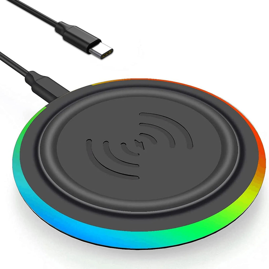 Ultra-thin round 10W desktop wireless phone charger in white, with Type-C port, shown on a desk surface