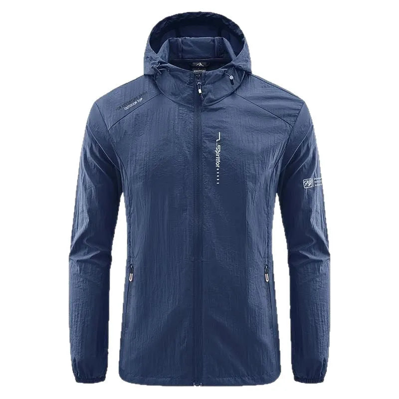 Men's lightweight hooded nylon summer jacket in loose fit, shown in light grey colour.