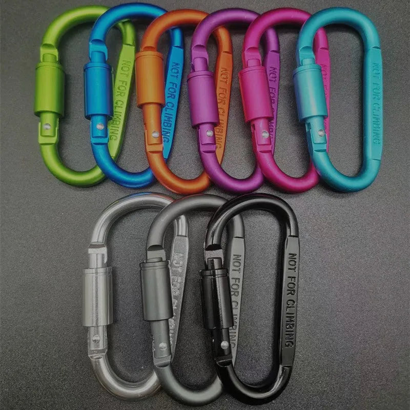D-type aluminium locking carabiner in a choice of colours, showing 8cm flat size.