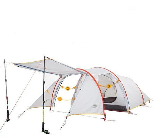 3 person lightweight tunnel tent with aluminum alloy poles and nylon outer in cloud cover colour