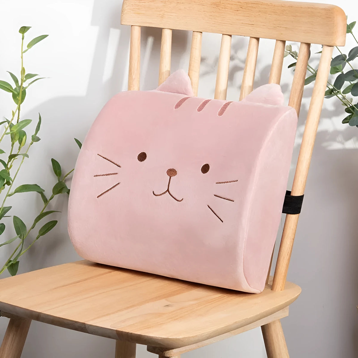 Cartoon cat memory foam lumbar back pillow in beige with embroidered details and tassels, removable cover