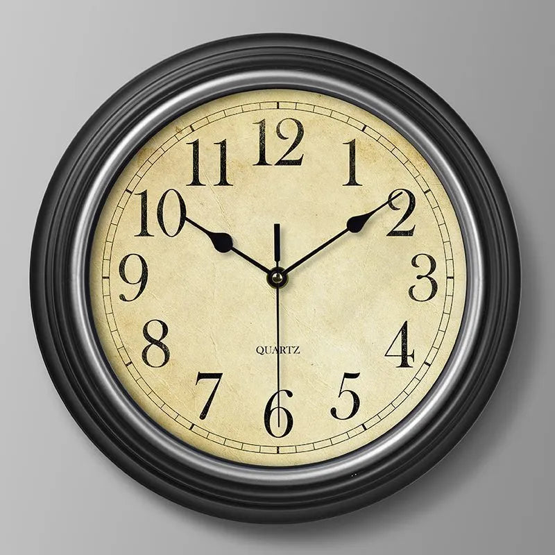 American retro noiseless wall clock 12 inch diameter 29cm glass shell punch-free golden circle Arabic numerals