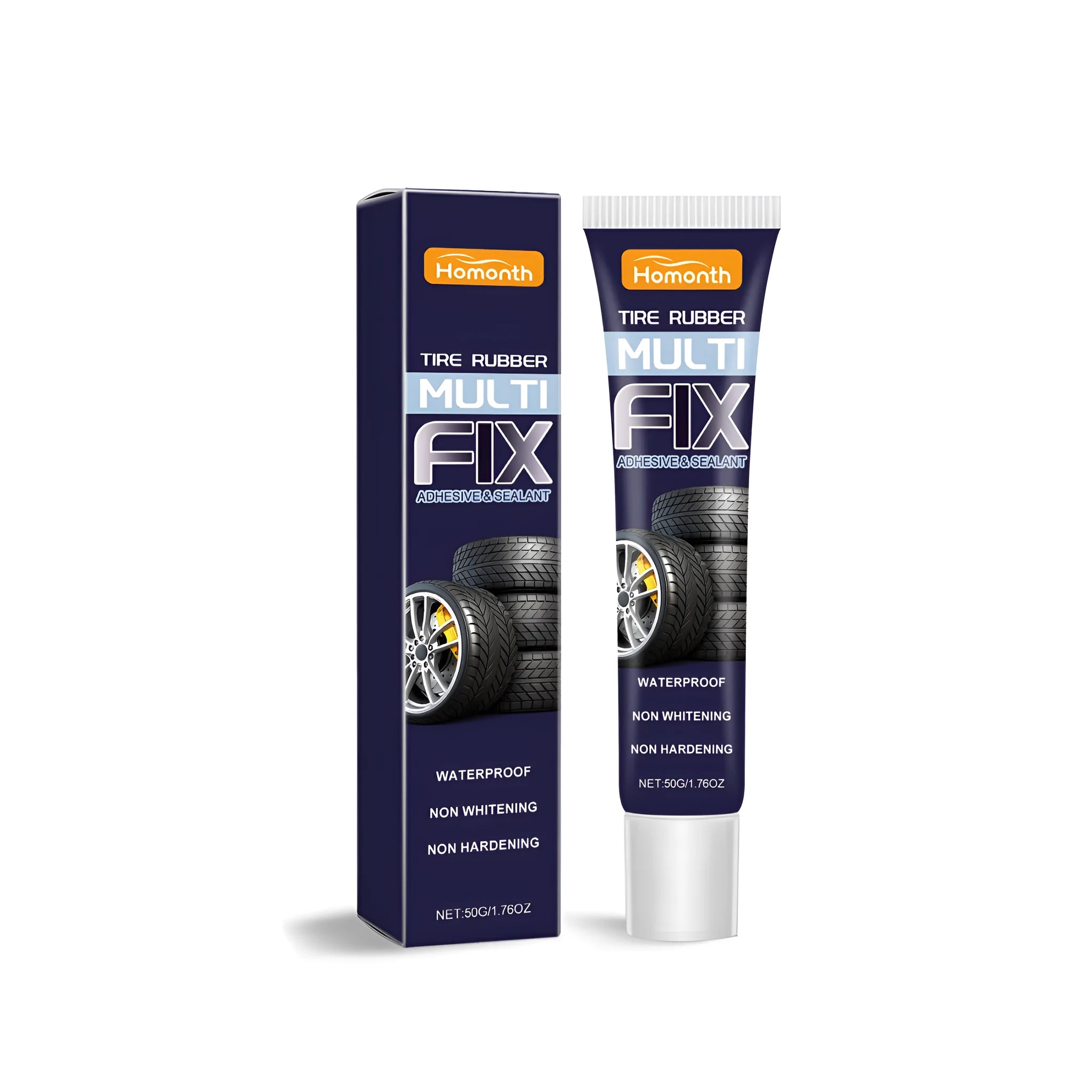 50g tube of automobile rubber tyre repair adhesive with black cap on white background