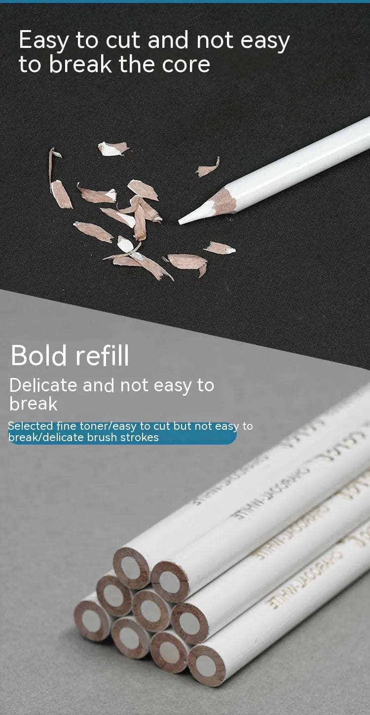 Three white charcoal pencils for sketching on dark paper with highlighting effect