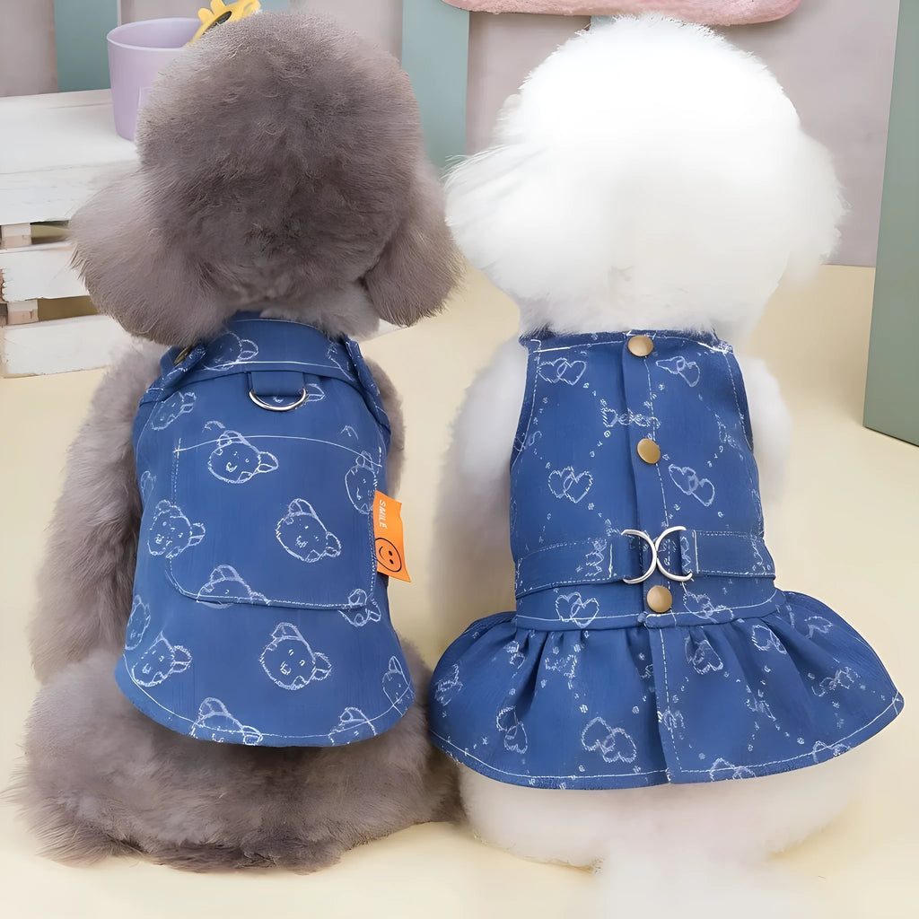 Teddy Bichon wearing denim princess dress with bracket-skirt design, small dog spring clothing