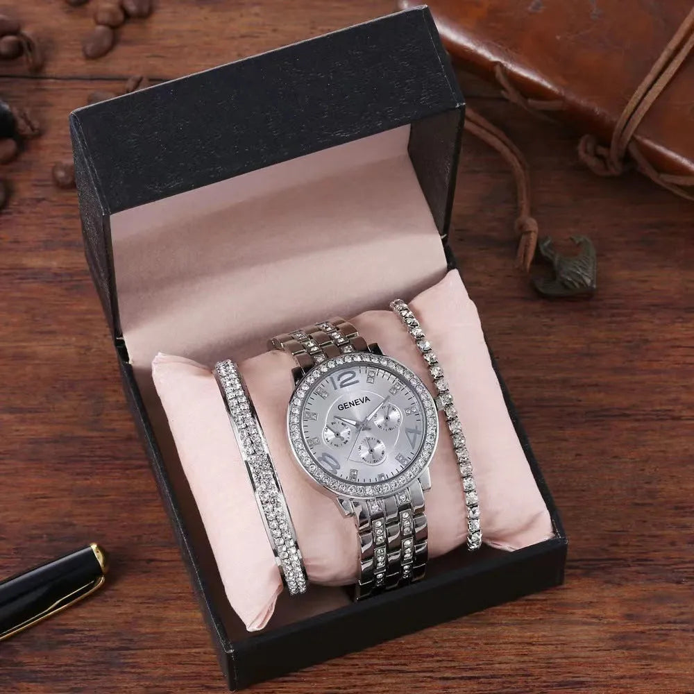 Unisex three-piece bracelet watch set in gold finish with two matching bracelets and slim 10mm watch