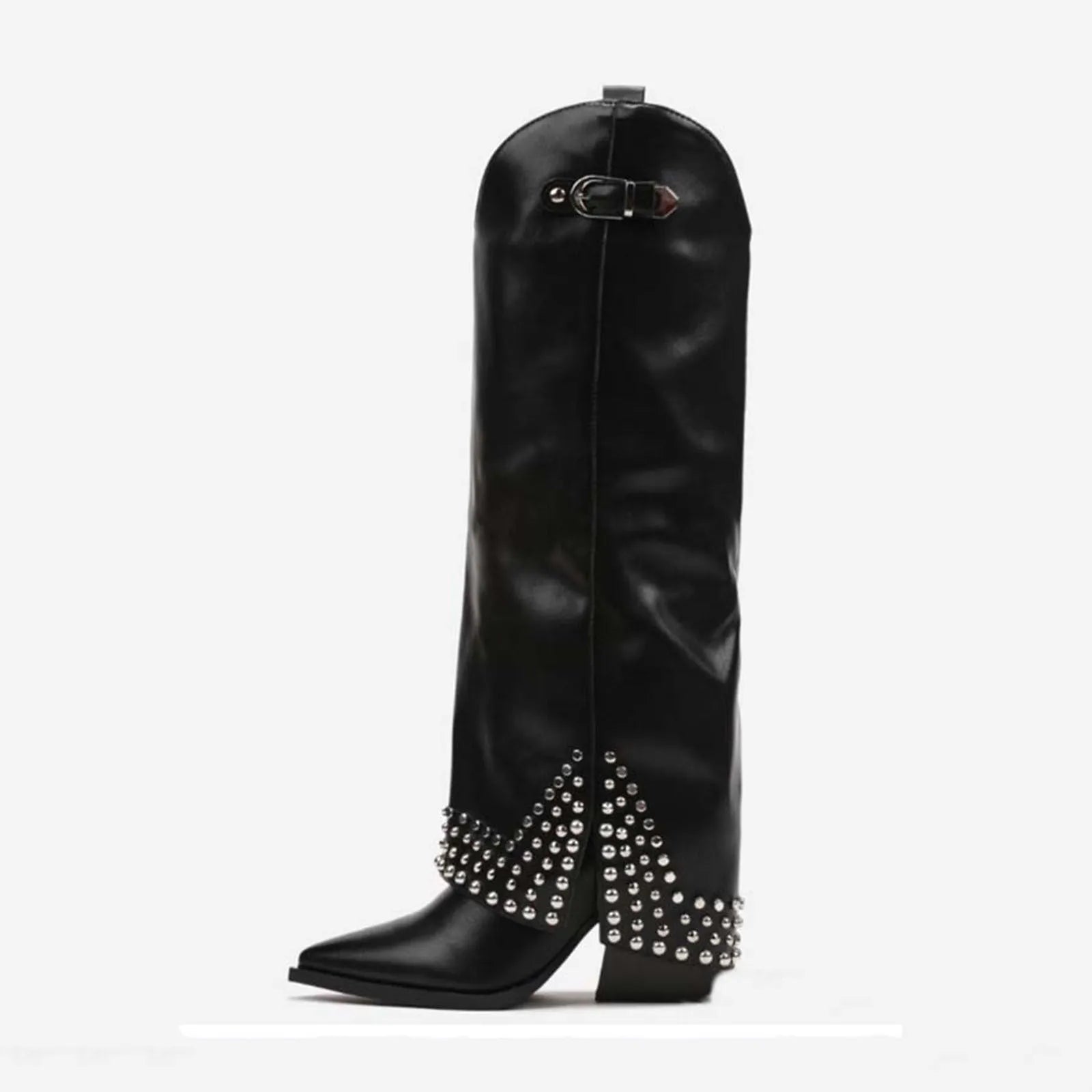 Women's black frosted rivet pantyhose boots with rubber soles and microfiber suede leather upper