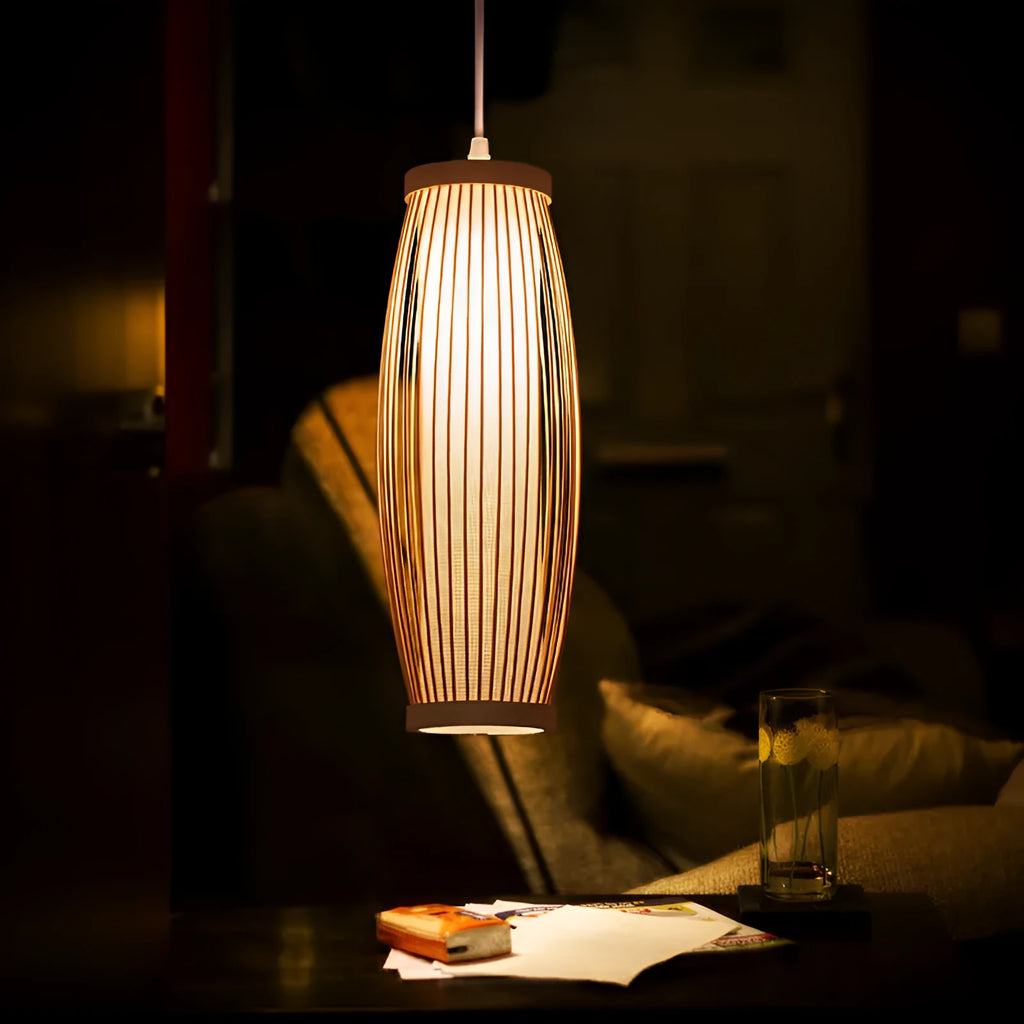 Bamboo woven dining room lantern chandelier New Chinese style with warm and white LED 300mm