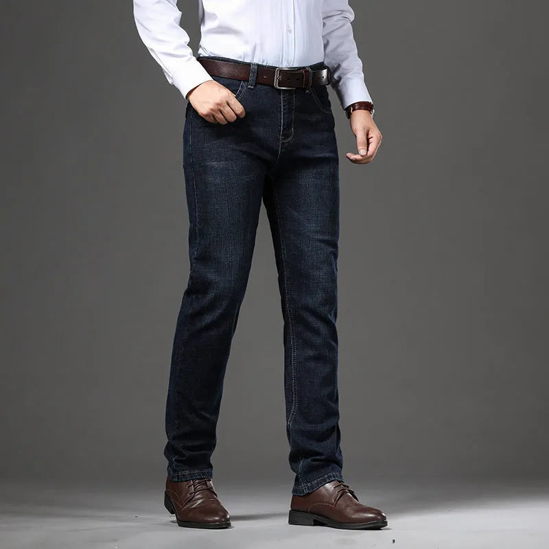 High-stretch denim trousers in straight-leg business casual style with zip placket