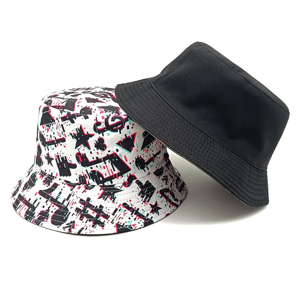 Polyester bucket hat with musical note pattern printing in retro style for outdoor sun protection