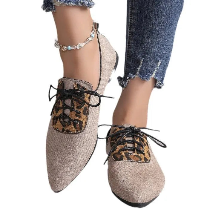 Beige leopard print women's pointed toe pumps with artificial PU upper and rubber sole