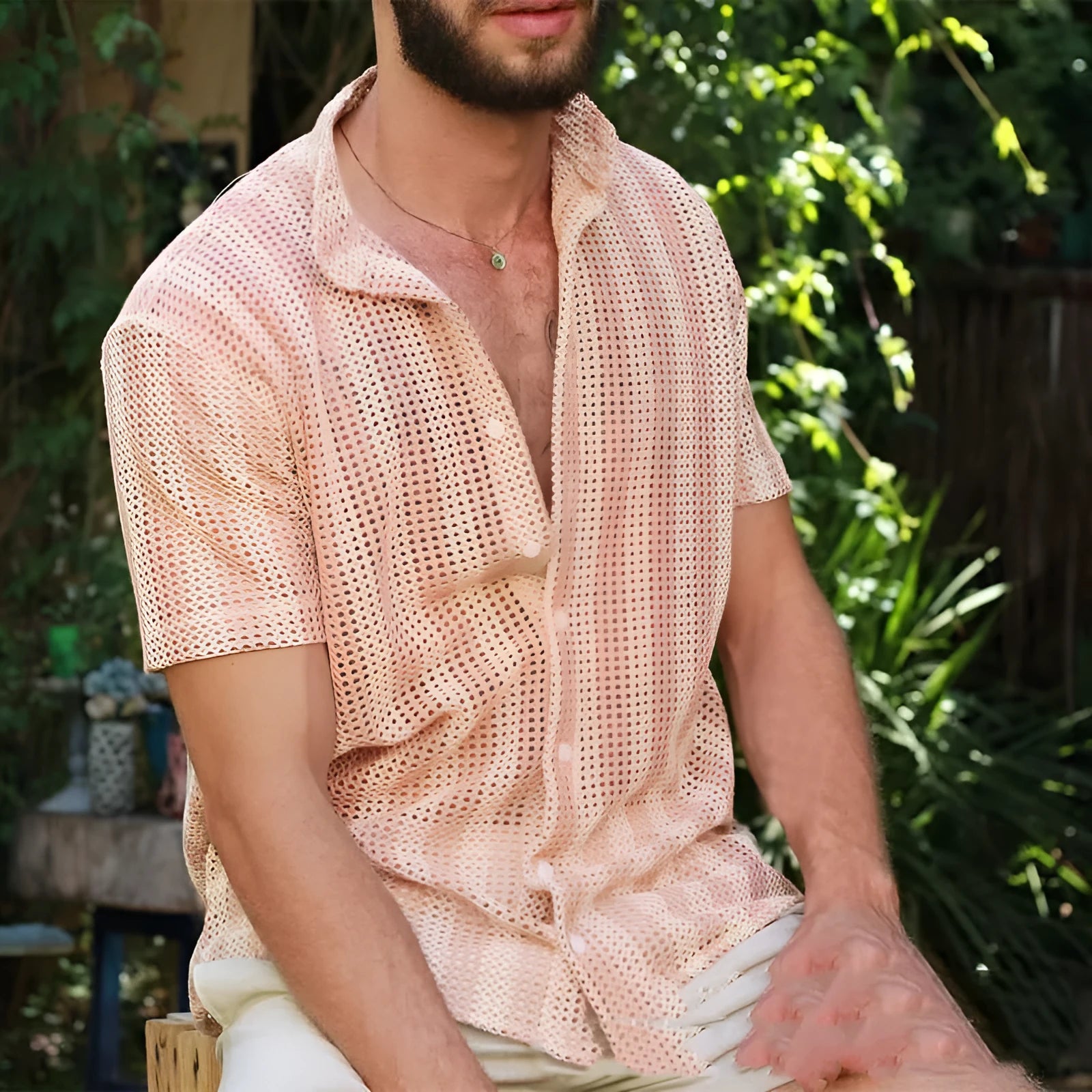 Men's pink waffle texture shirt with hole design, cardigan style with short sleeves