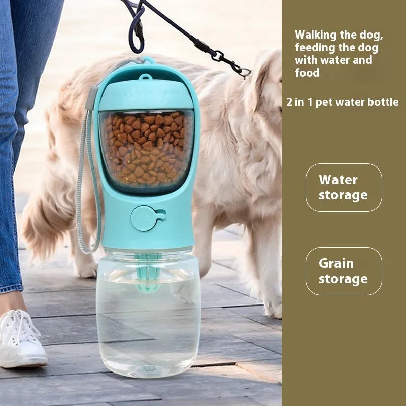 Blue portable dog water cup showing the two-in-one dispenser and bowl design for outdoor use.
