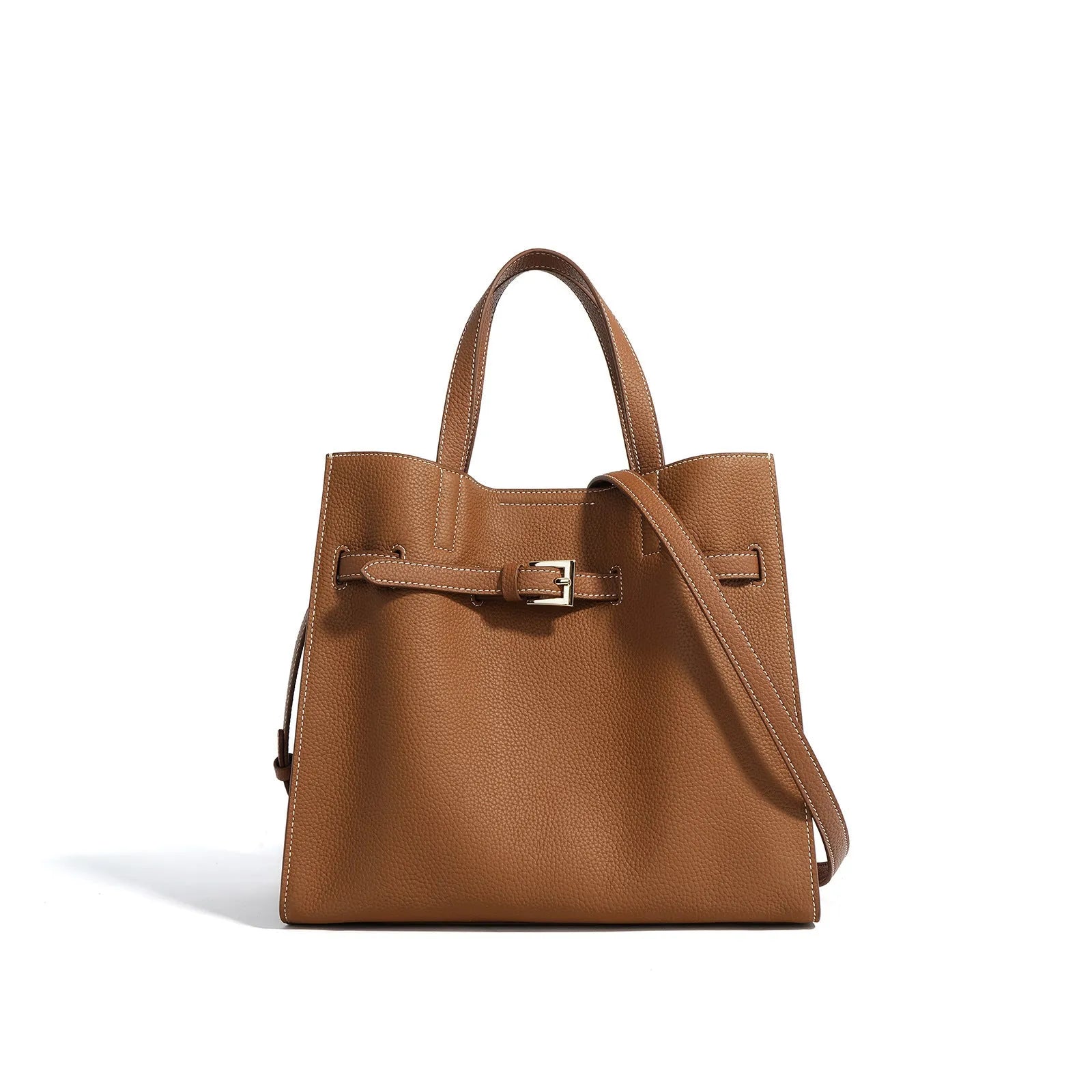 Genuine leather crossbody commuter bag in Toffee Gold with double shoulder straps and square vertical shape
