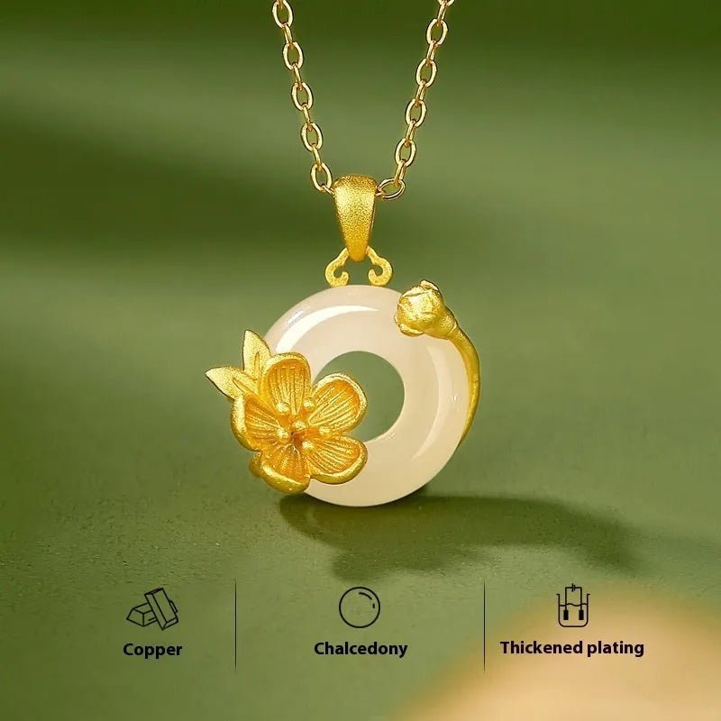 Copper flower pendant with white chalcedony, safety buckle clasp, birth month floral pendant necklace