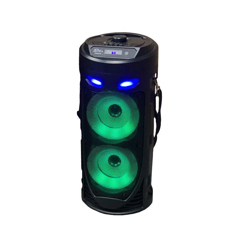 Black portable Bluetooth speaker with wheat pattern finish and dual horn cannon design