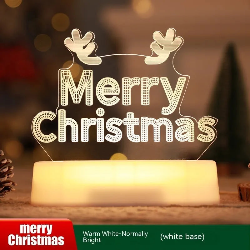 3D acrylic Christmas LED decorative night light showing a choice of festive designs like trees and reindeer.