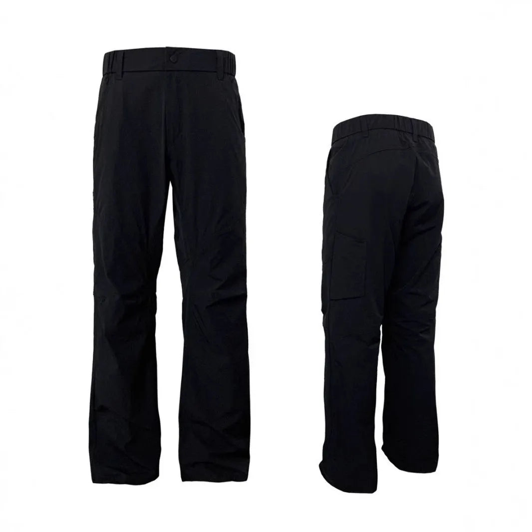 Man wearing grey 3D cut deconstructed casual trousers with a straight leg and elasticated waistband.