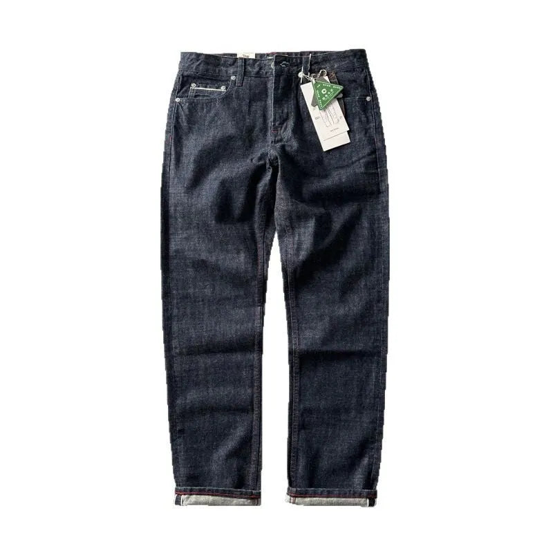 Men's primary colour straight-leg denim jeans with a mid-waist retro style on a white background.