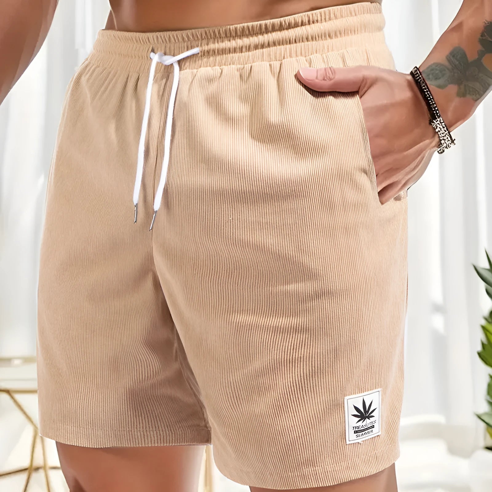 Men's straight cut summer shorts with a drawstring waist in black, blue, gray, or khaki.