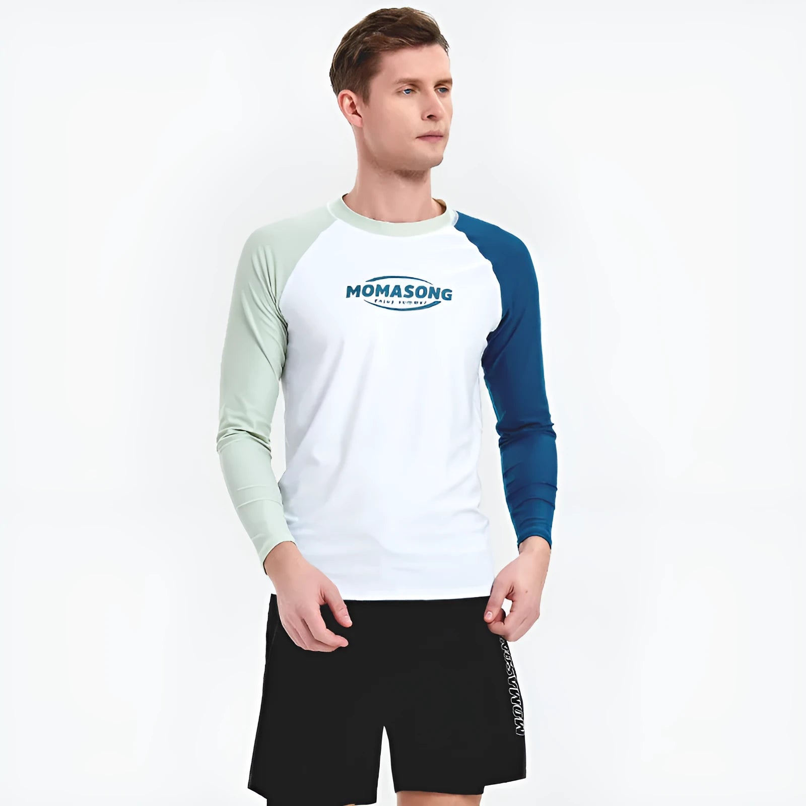 Men's white top and swim trunks set for beach swimming and water sports