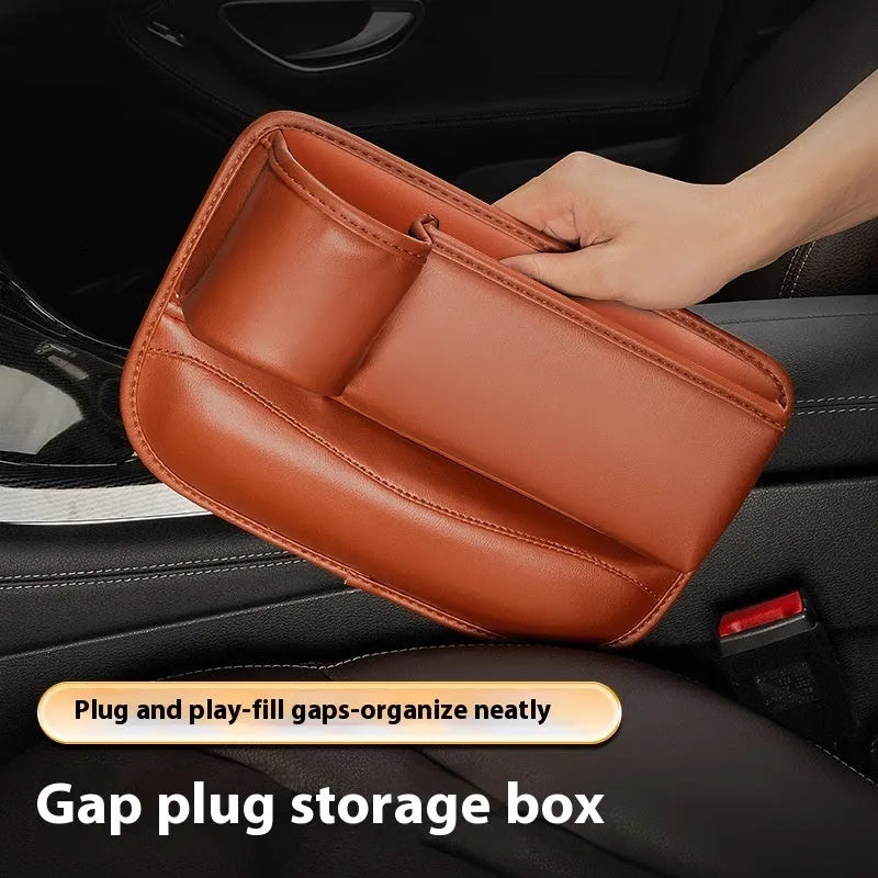 Car seat gap storage box with water cup holder in waterproof leather, black colour option for driver side