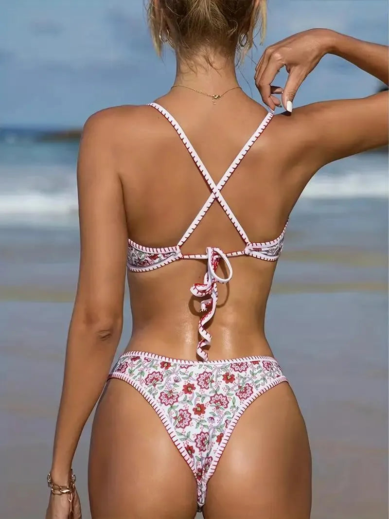 Women's V-neck floral embroidery printed swimsuit briefs in polyester fabric
