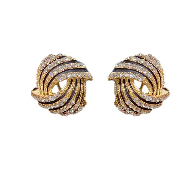 Super-flashing rhinestone ear studs with thick real gold plating on copper, geometric ring shape for women
