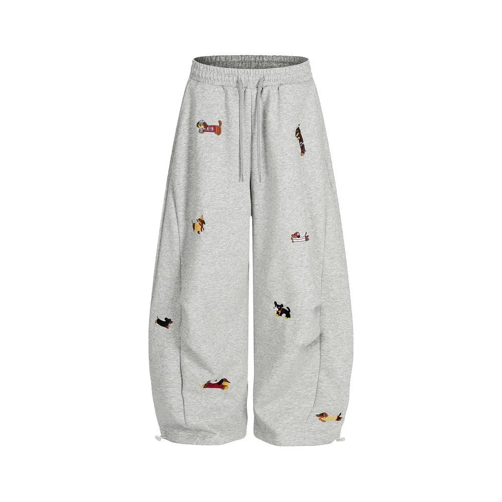 Lazy sausage dog embroidered machete sweatpants in gray, loose fit polyester men's trousers, autumn casual