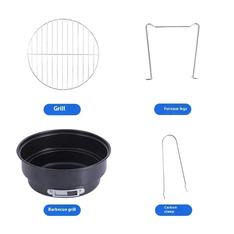 Small folding round ice stove grill set with mesh, legs, and packaging bag