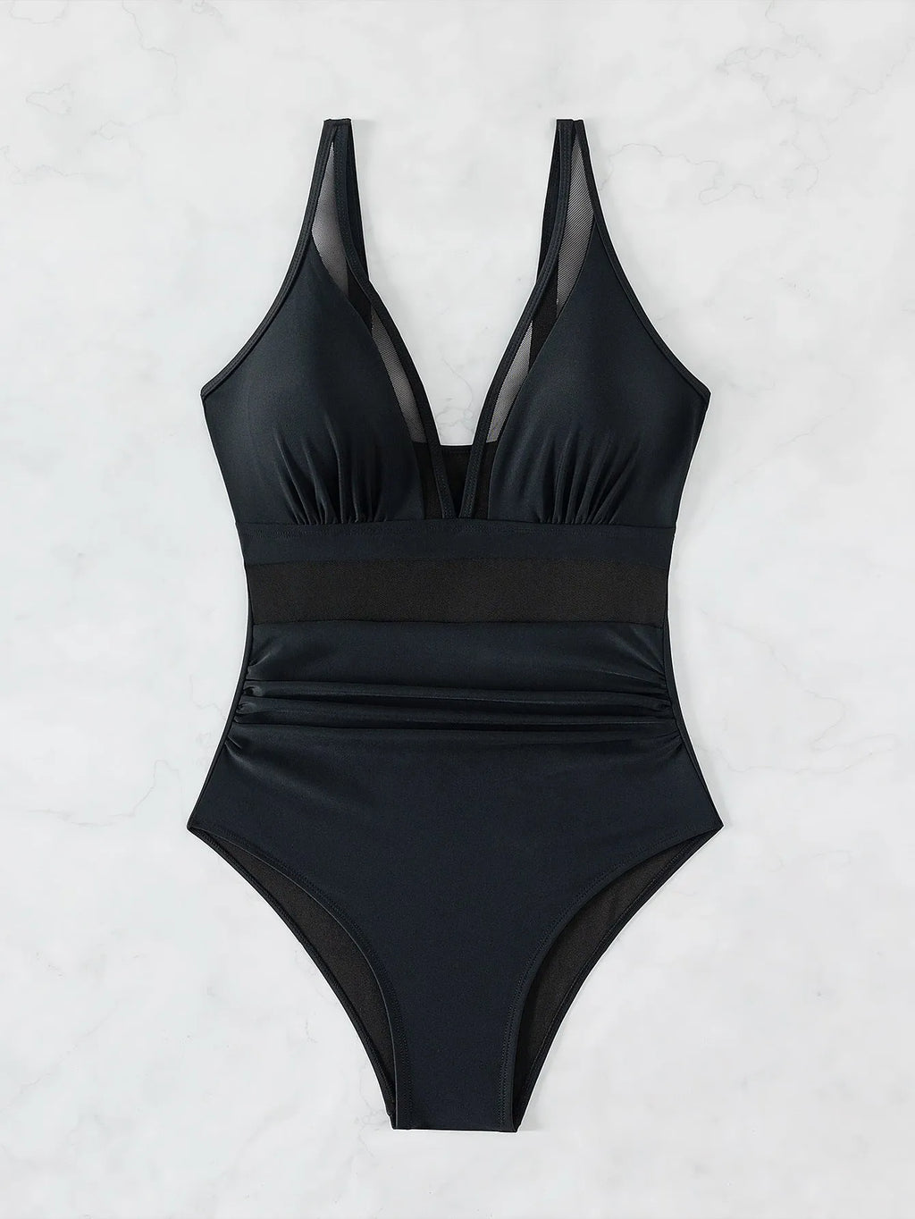 Black women's halter neck one-piece swimsuit with cross-back straps and briefs bottom.
