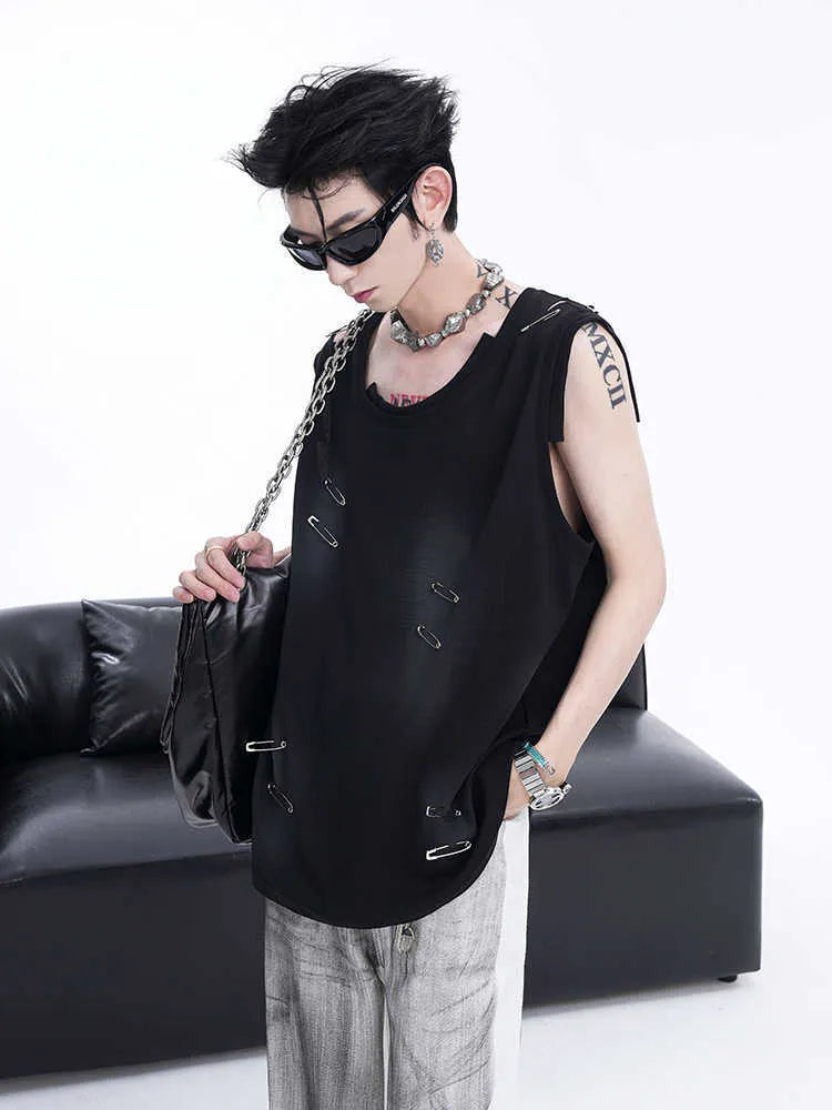 Men's black sleeveless vest waistcoat with irregular ripped cutting detail on a round neck collar.