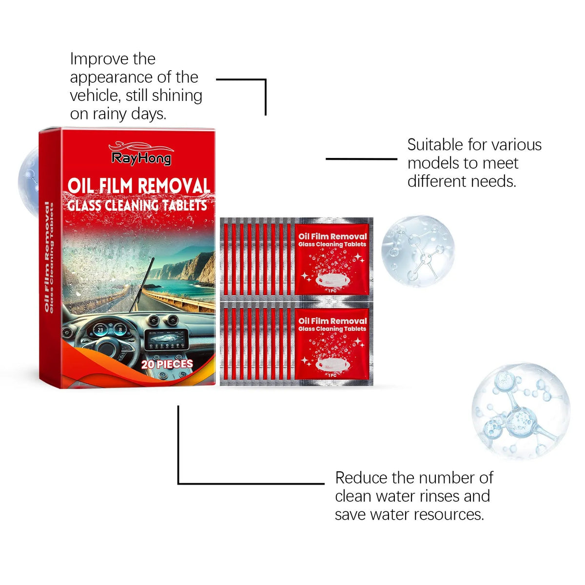 Car wiper oil film cleaning plate 20 pieces 6 x 6 cm with disodium EDTA and sodium bicarbonate