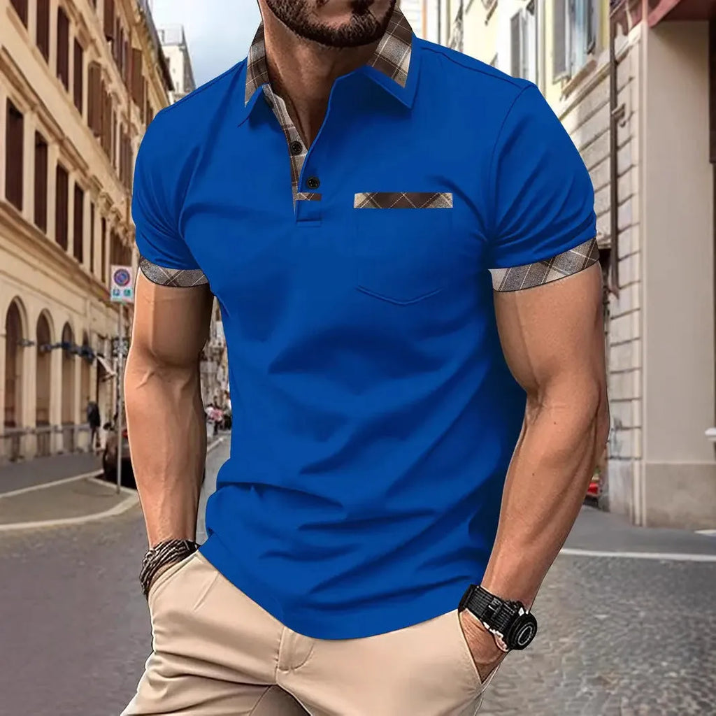 Men's plaid colourblock t-shirt with zipper decorations on short sleeves