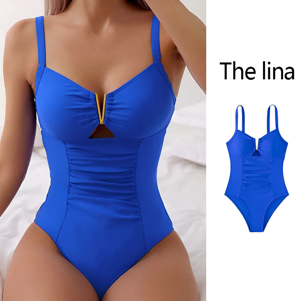 One-piece bikini swimsuit with V-neck cut-out and pleated front in black, blue, or green.
