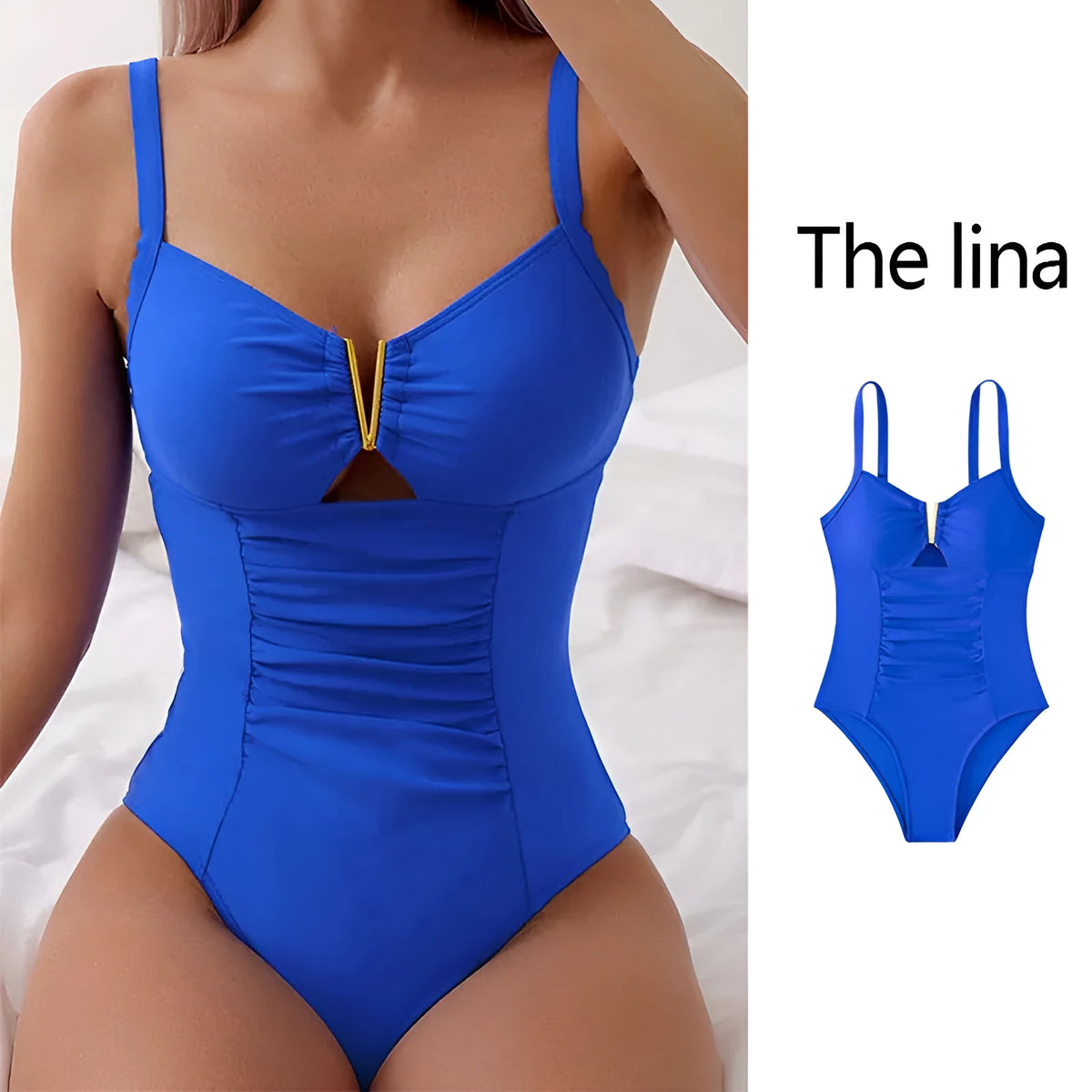 One-piece bikini swimsuit with V-neck cut-out and pleated front in black, blue, or green.