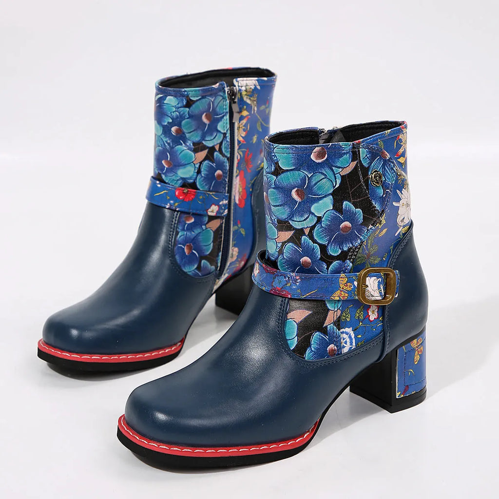 Women's printed stitching round head thick bottom bootie in artificial PU with rubber sole