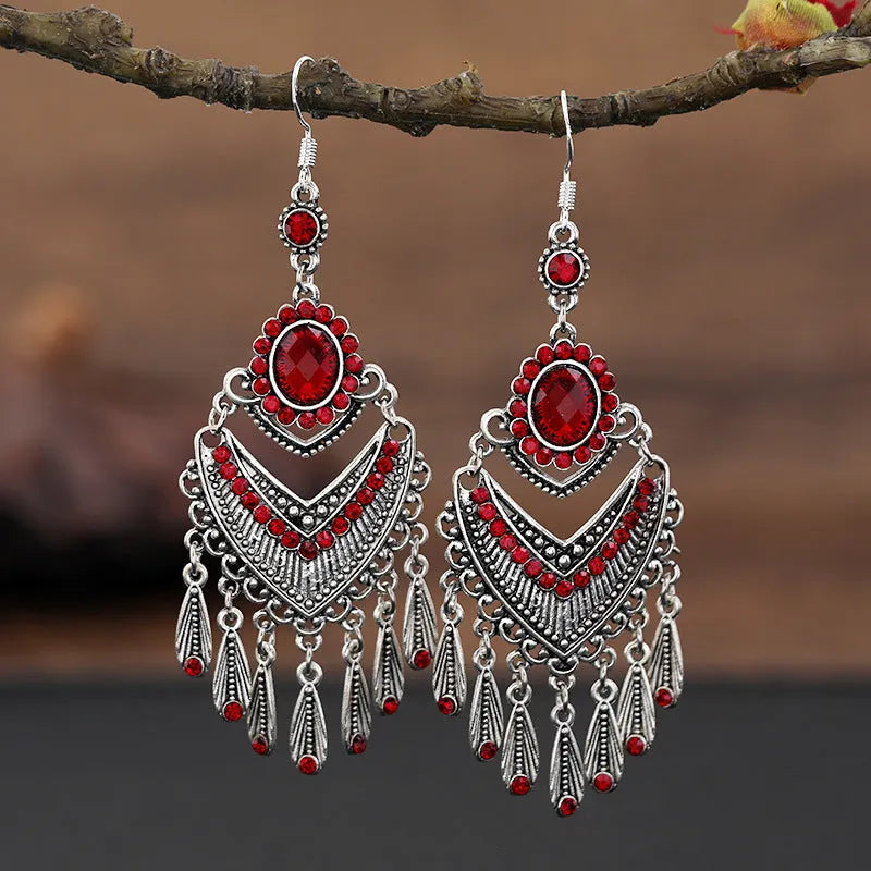 Purple long drop fringe earrings with crystals, ethnic retro style alloy jewellery.