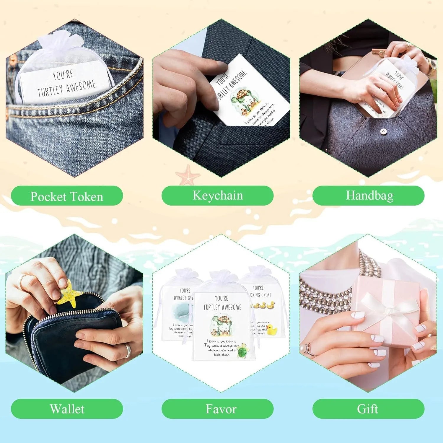 Set of durable resin greeting cards featuring pun designs, arranged showing multiple card quantities.