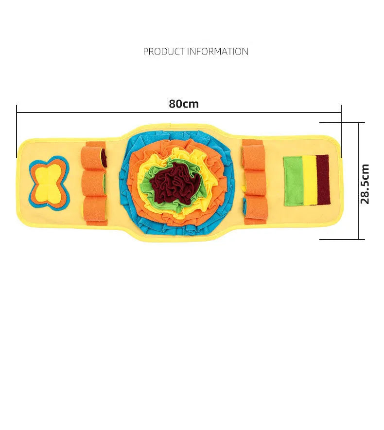 Watch-style dog training mat in blue and yellow, anti-slip base for slow feeding and nosework