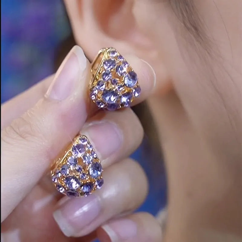 Light luxury purple full diamond ear clip on an alloy geometric round shape with Japanese Korean style