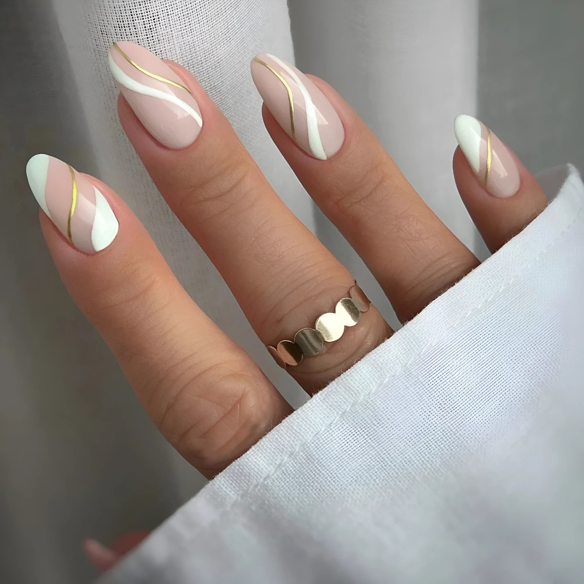 Golden lines plaid pattern on medium drop-shaped wearable plastic nail art stickers, colour JF0518 jelly glue.