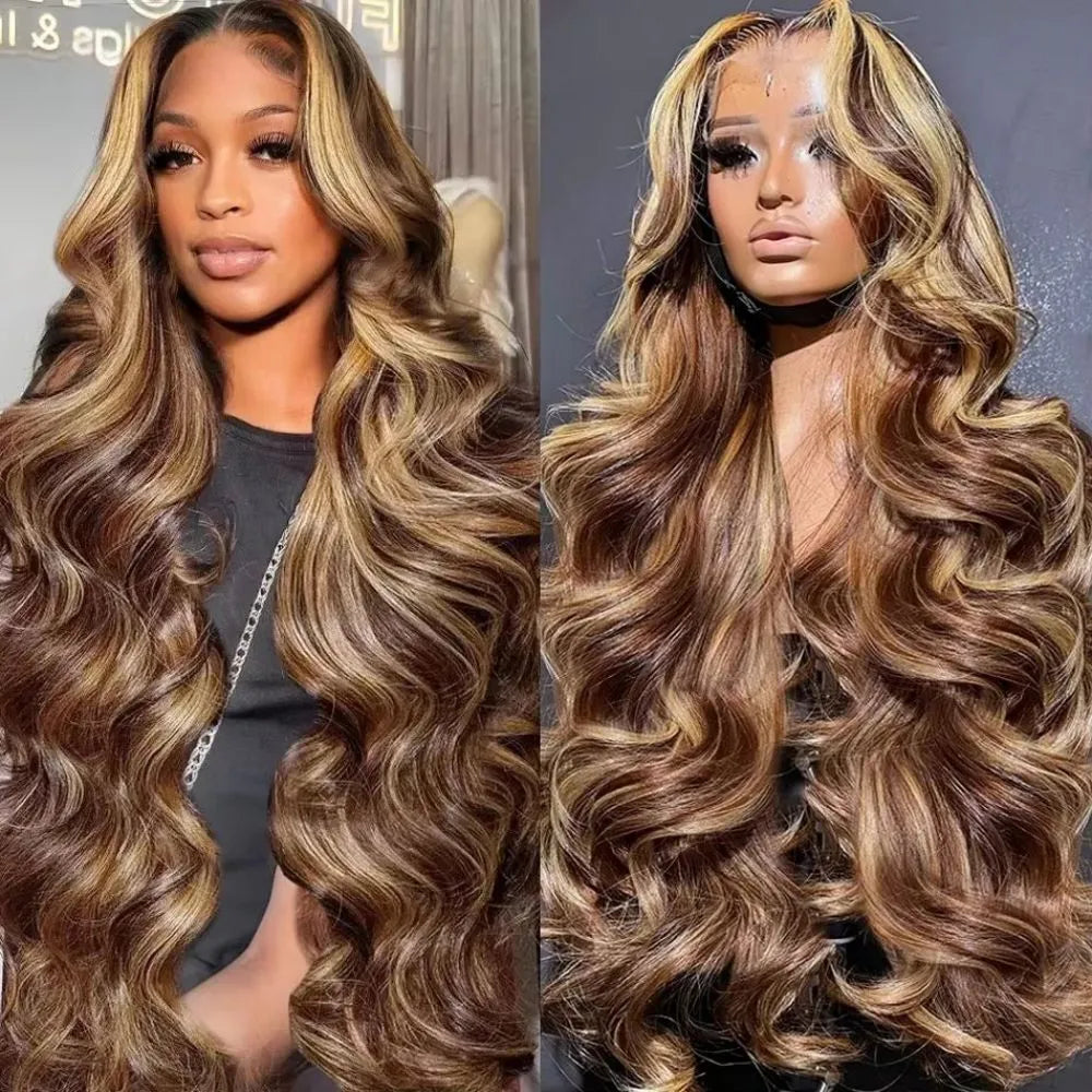 Women's long curly brown big wave lace wig with piano color highlights, side view