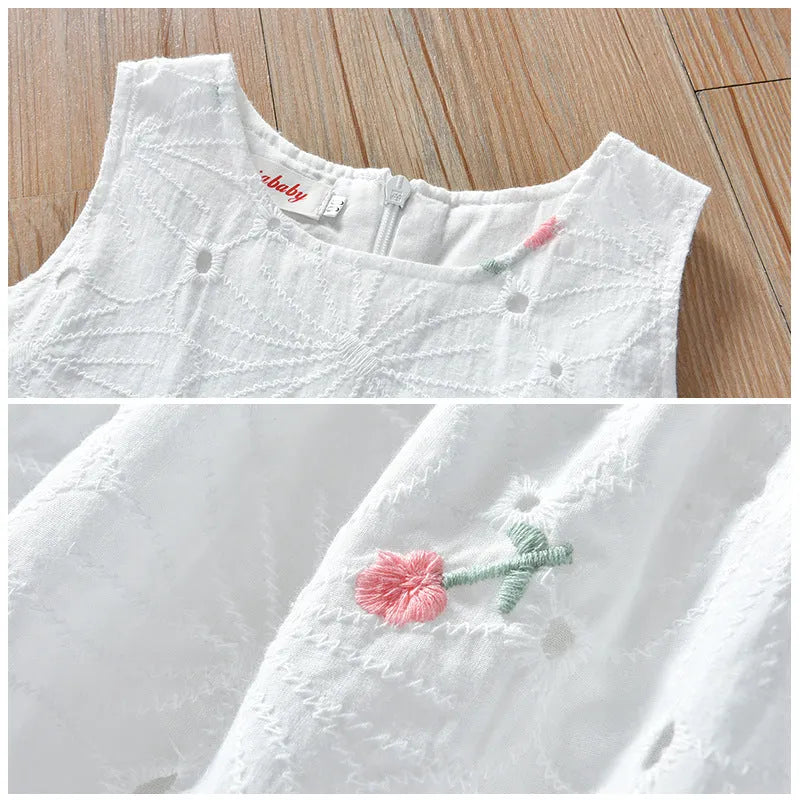 Girls' summer floral hollow sleeveless vest dress with white small flower print and full skirt, cotton-lined, available in 90-140cm heights