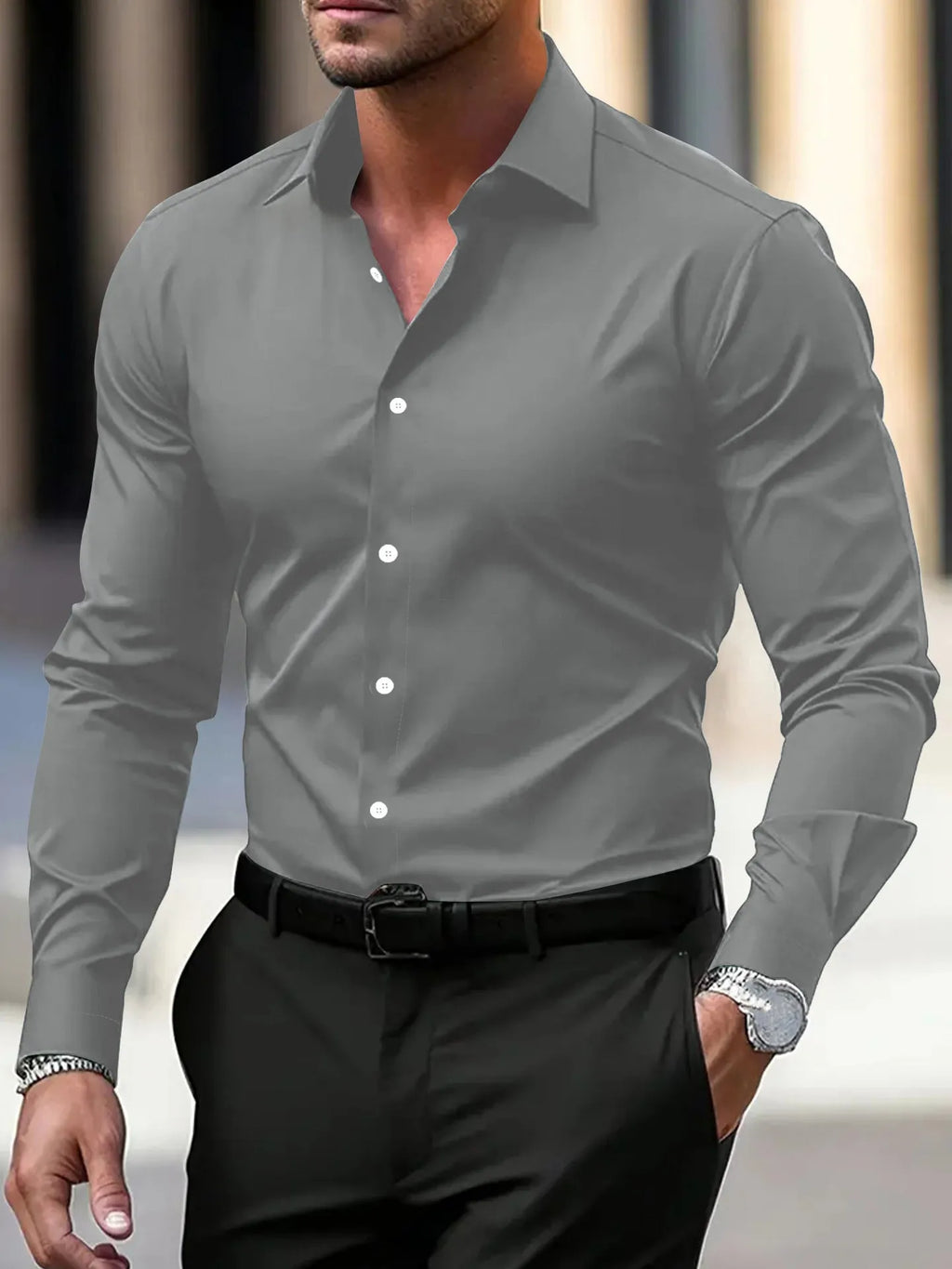 Men's solid colour velvet button down shirt in navy blue with long sleeves and lapel collar