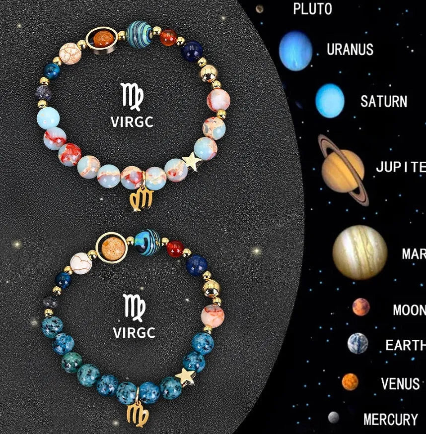 Complete set of twelve natural stone beaded bracelets for each zodiac sign, showing adjustable closures.